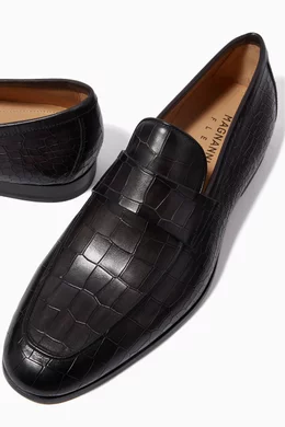 Buy Magnanni Grey Penny Loafers in Croc-Embossed Leather for Men