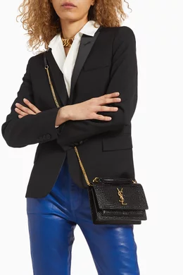 Buy SAINT LAURENT Black Sunset Chain Wallet in Crocodile Embossed