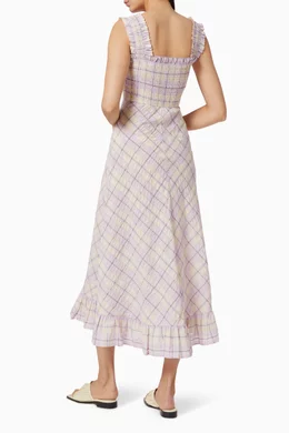 knee length dresses for ladies Ganni checkered seersucker shirred midi dress