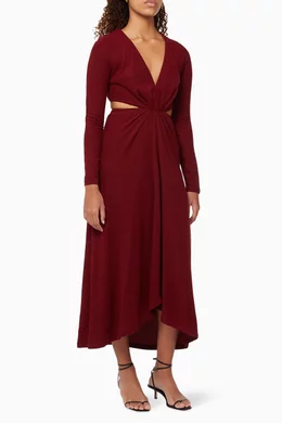 acler burgundy dress Amelisse | Burgundy Plunge-Neck Maxi Dress With Ruched-Detailing main image 0
