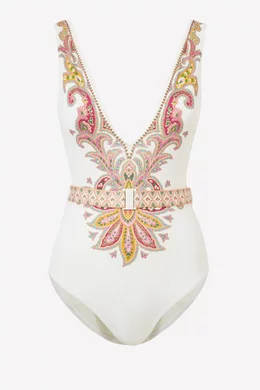 Buy Zimmermann White Teddy Belted Plunge One Piece Swimsuit for