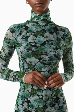 Buy Ganni Green Floral Turtleneck Top in Fluid Mesh for Women