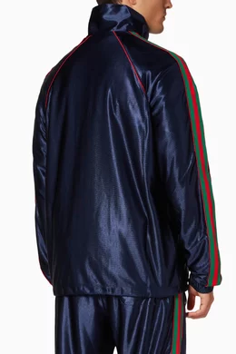 Buy Gucci Blue Jacket with Web in Shiny Jersey for Men Online