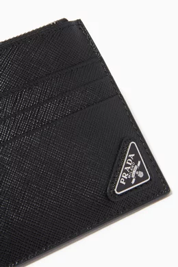 ★PRADA★ Triangle Logo Saffiano Zipper Card Holder Black 1M Prada Triangle Logo Saffiano Leather Card Holder in Black