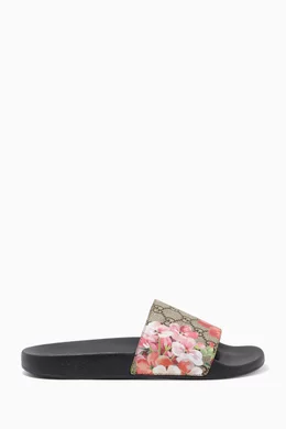 Buy Gucci Brown Pursuit Slide Sandals in GG Blooms Supreme for