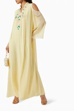 Buy Fatma with Love Yellow Embroidered Cold-shoulder Kaftan in Chiffon for  Women Online | Ounass Kuwait
