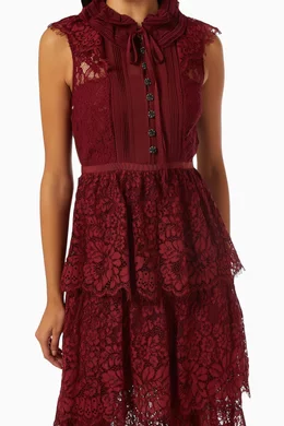 Buy Self Portrait Red Floral Midi Dress in Cord Lace Chiffon for Women Online Ounass Kuwait