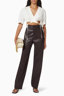 Buy YUZEFI Neutral Wrap Crop Top in Textured Fabric for Women