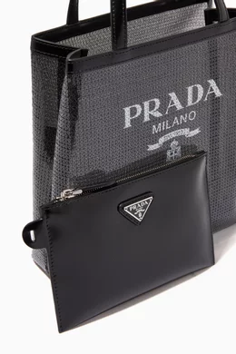 Buy Prada Black Sequinned Logo Tote Bag in Mesh for Women Online