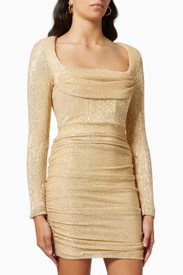 Buy Lavish Alice Gold Long Sleeve Mini Dress in Pleated Sequin for Women  Online | Ounass Kuwait