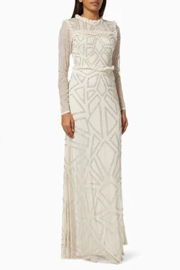Buy Amelia Rose Neutral Astral Embellished Maxi Dress in Mesh for