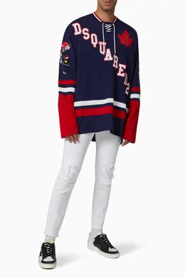 【D SQUARED2】CATEN Hockey ロゴ ジャージー 長袖 Tシャツ Buy Dsquared2 Blue Caten Hockey T-shirt in Cotton Jersey for