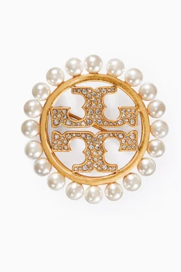 Buy Tory Burch Silver Miller Pavé Pearl Brooch in 18kt Gold  display picture 1