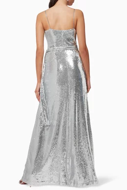 Buy HALSTON Silver Amiel Wrap Dress in Stretch Sequin for Women Online Ounass Kuwait