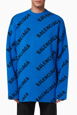 Buy Balenciaga Blue Allover Logo Sweater in Virgin Wool Knit for