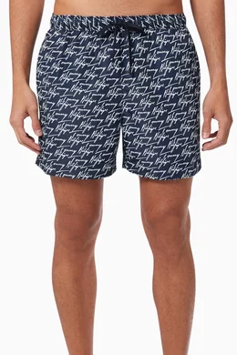 Buy Tommy Hilfiger Black All-over Signature Logo Swim Shorts in