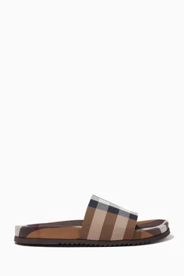 Buy Burberry Brown Check Slide Sandals in Cotton Leather for Men
