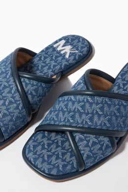 Buy Michael Kors Blue Gideon Slide Sandals in Logo Jacquard for