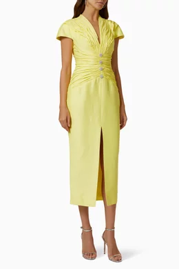 Buy Rasario Yellow Draped Midi Dress in Linen for Women Online Ounass Kuwait