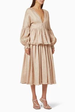 Buy Joslin Neutral Ida Peplum Midi Dress in Linen for Women Online | Ounass  Kuwait