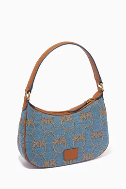 Buy PINKO Blue Love Mini Half Moon Bag in Jacquard Denim for Women