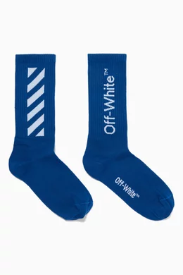 Buy Off-White Blue Diagonal Stripes Mid Length Socks in Cotton for