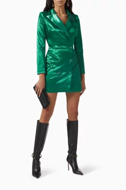 green emerald velvet dress Zapakasa Women Dark Green Satin Short Work Blazer Dress with Slit Pencil  Peak Lapel Work Dress with Sleeves