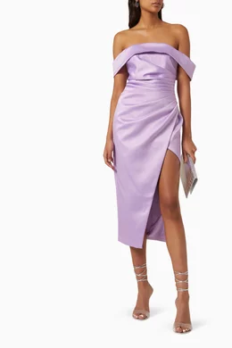 lavish alice purple dress Buy Lavish Alice Purple Off-shoulder Pleated Midi Dress in Bonded Satin for  Women Online