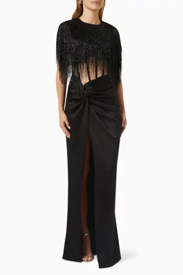 Buy Rasario Black Beaded Fringe Corset Maxi Dress in Satin for