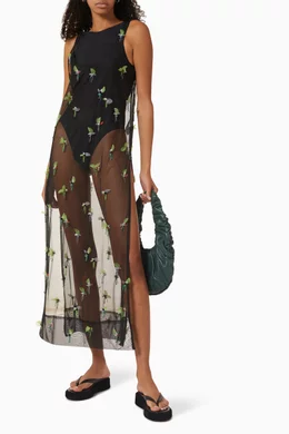 ganni embellished mesh dress Ganni Floral Embellished Mesh Mini Dress In Black