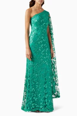 Buy Tadashi Shoji Blue Delia Embellished Cape-sleeve Gown in Tulle