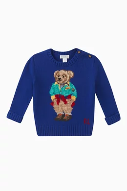 Buy Polo Ralph Lauren Blue Knitted Polo Bear Sweater in Cotton - Main Image