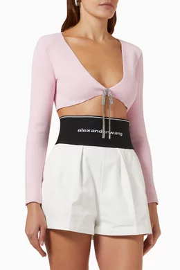 Buy Alexander Wang Pink V-neckline Crystal Tie Cropped Cardigan in
