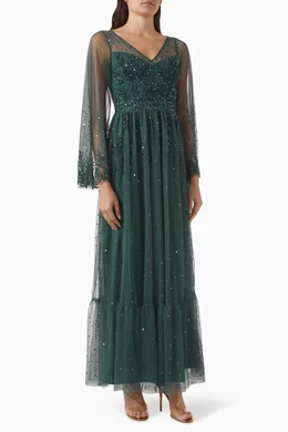 Buy Maya Green Leaf embellished Maxi Dress in Tulle for Women Online Ounass Kuwait