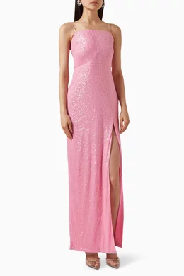 rotate sequin dress pink Sequined puff-sleeve maxi dress in pink - Rotate