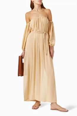 【CARAVANA】kikab オフショルダー cotton-gauze maxi ドレス CARAVANA Kikab Off-The-Shoulder Leather-Trimmed Cotton-Gauze