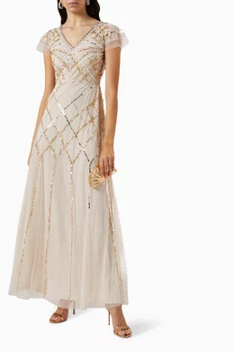 Buy Amelia Rose Grey Frill Sequin Embellished Maxi Dress in Tulle