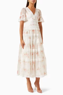 Buy Needle & Thread Neutral Trailing Blooms Ruffled Midi Dress in Lace &  Tulle for Women Online | Ounass Kuwait