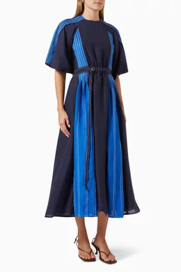 strapless open back dress Blue Multi Pleated Chiffon Floral Color Block Midi Trapeze Dress