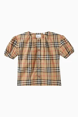 Buy Burberry Neutral Check print Top in Cotton Twill for Girls Online Ounass Kuwait
