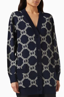 Buy Gucci Blue Reversible GG Logo Cardigan in Wool for Women