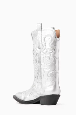 Buy Ganni Grey Mid-shaft Embroidered Western Boots for Women