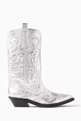 Buy Ganni Grey Mid-shaft Embroidered Western Boots for Women