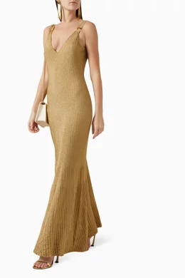 elisabetta franchi gold dress Elisabetta Franchi Lurex Jersey Maxi Dress | Gold