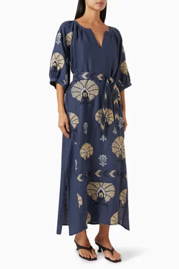 Buy Greek Archaic Kori Blue Mini Peacocks Belt Maxi Dress in Linen for Women Online Ounass Kuwait