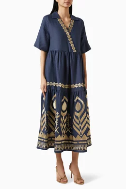 Buy Greek Archaic Kori Blue V-neck Embroidered Midi Dress in Linen for  Women Online | Ounass Kuwait