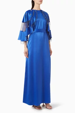 Buy Amri Blue Beaded Fringe Cape-sleeve Maxi Dress in Satin for