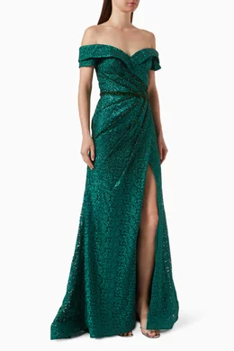 Buy Basix Green Bead embellished Gown in Lace for Women Online Ounass Kuwait