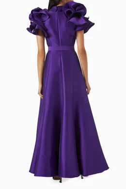Buy Badgley Mischka Purple Belted Ruffle sleeve Gown in Mikado for Women Online Ounass Kuwait