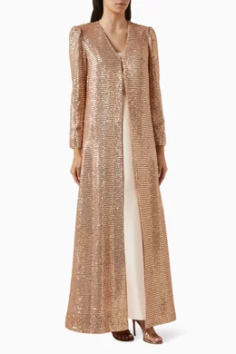 Buy Badgley Mischka Gold Sequinned Coat Gown Set in Mikado for